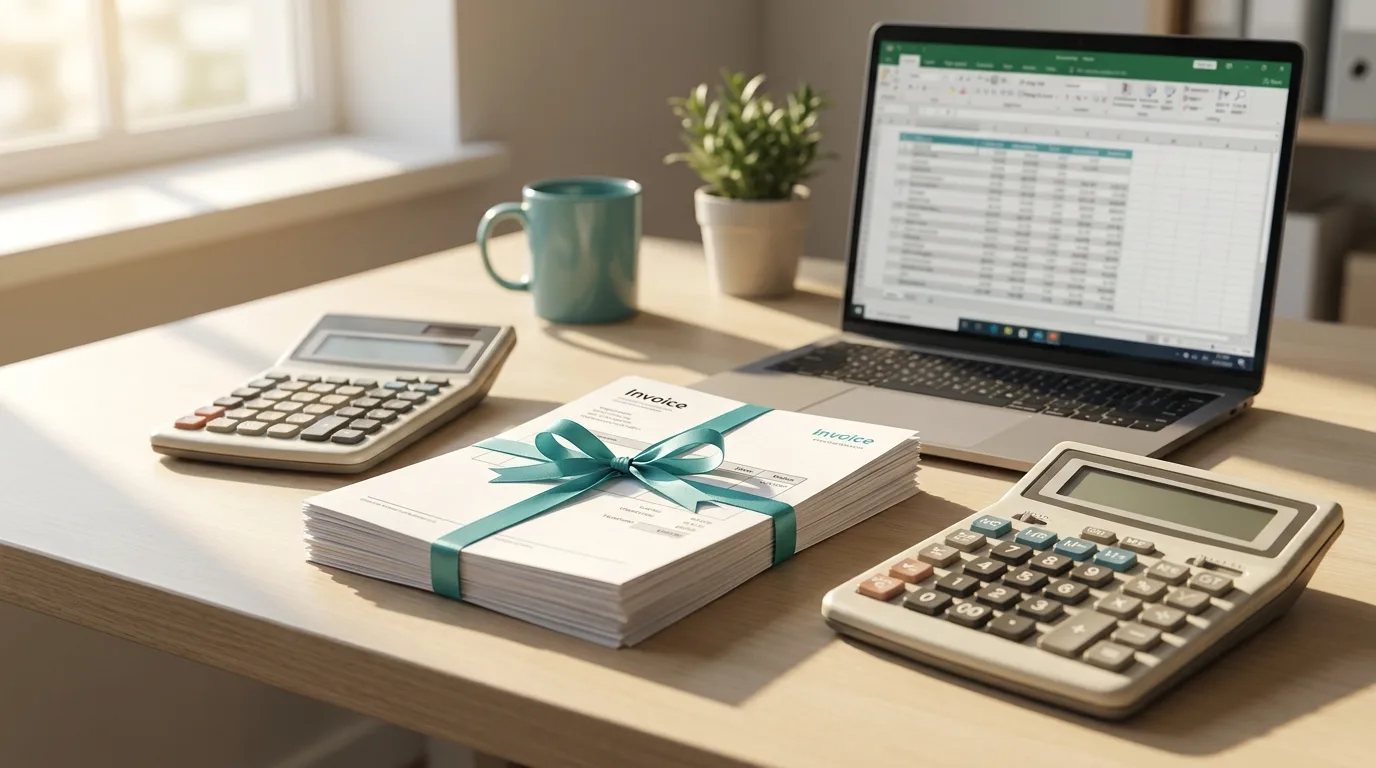 An accountancy office desk with invoices, a calculator and a laptop showing AI automation for a UK accounting practice