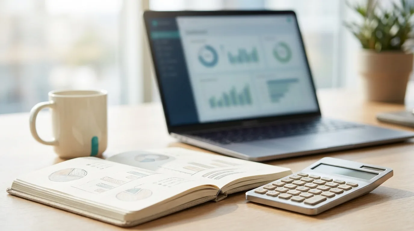 A tidy desk with a calculator, notebook and laptop representing the cost of hiring an AI consultant in the UK