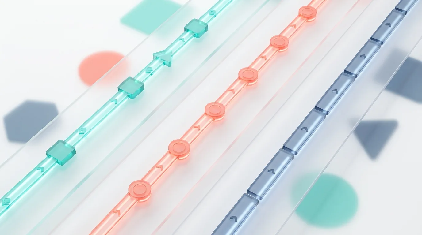 Three automation pipelines side by side comparing n8n, Make and Zapier for a UK small business